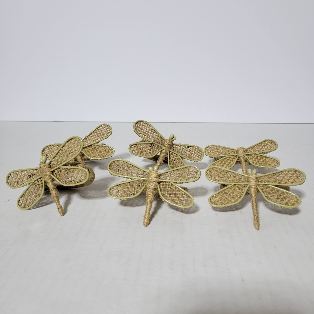 Vtg 6 Dragonfly Napkin Ring Holders Natural Wicker Rattan Country Chic Picnic